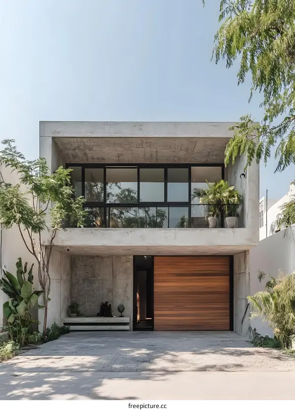 Modern Concrete House with Wooden Garage Door and Balcony