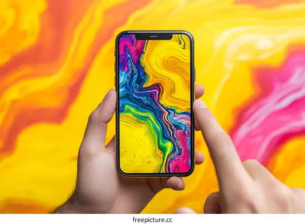 Hands Holding Smartphone With Colorful Abstract Wallpaper