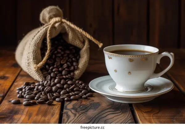 Roasted coffee beans spilling from a burlap sack with a white cup of coffee on the side