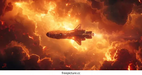 Spaceship Soaring Through a Red Nebula