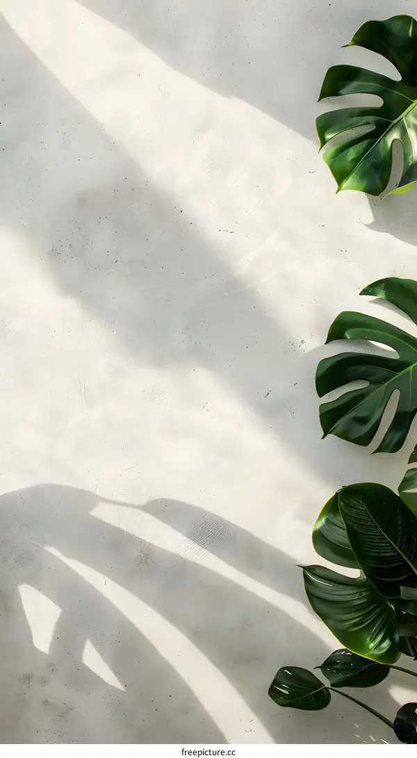Green Leaves with Shadow on White Concrete Wall Background