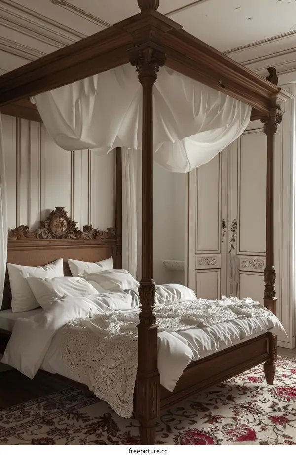 Antique Wooden Four-Poster Bed in Elegant Bedroom