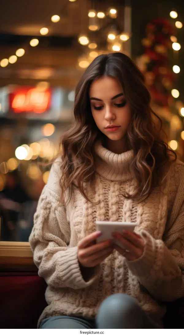 A young woman is sitting on a bench and looking at her phone.