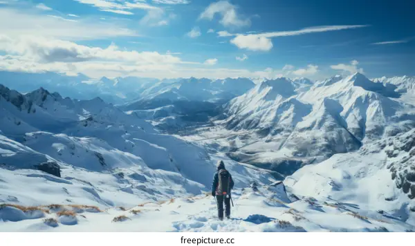 A lone hiker stands on a snowy mountaintop and gazes at the壮丽的雪山风光