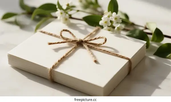 White Gift Box Tied with Rope and Decorated with White Flowers