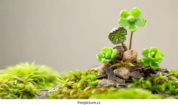Green Moss and Tiny Plants Growing on Rocks