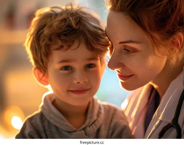Close-up portrait of happy female doctor with curly-haired boy patient