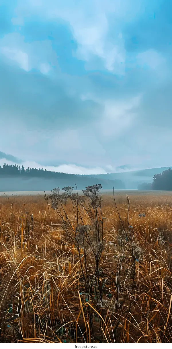 Foggy Morning in the Grass Field