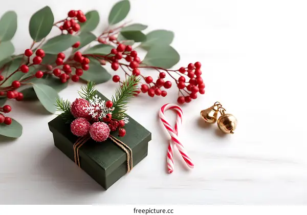 Christmas Gift Box Decorated with Berries and Bells
