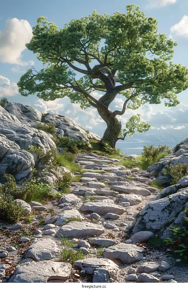 Rocky Path Leading to a Solitary Tree on a Hilltop Overlooking a Lake