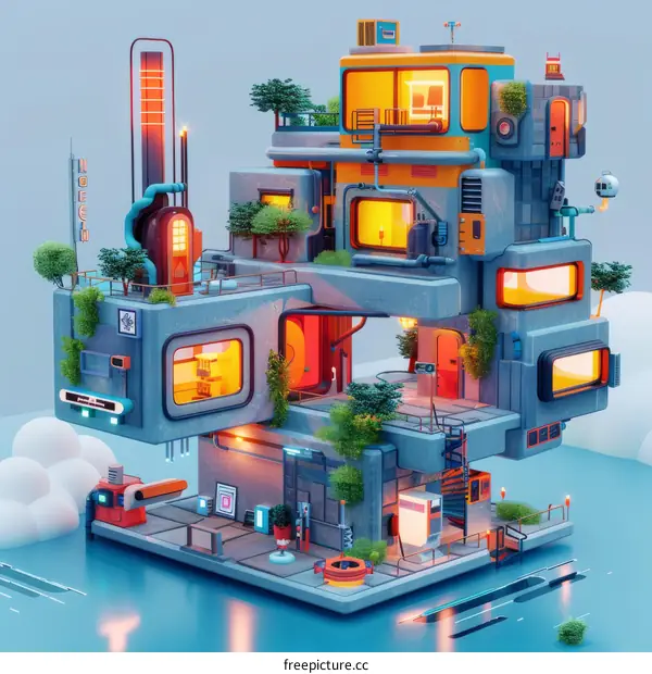 A 3D rendering of a futuristic city with blue water and a floating house