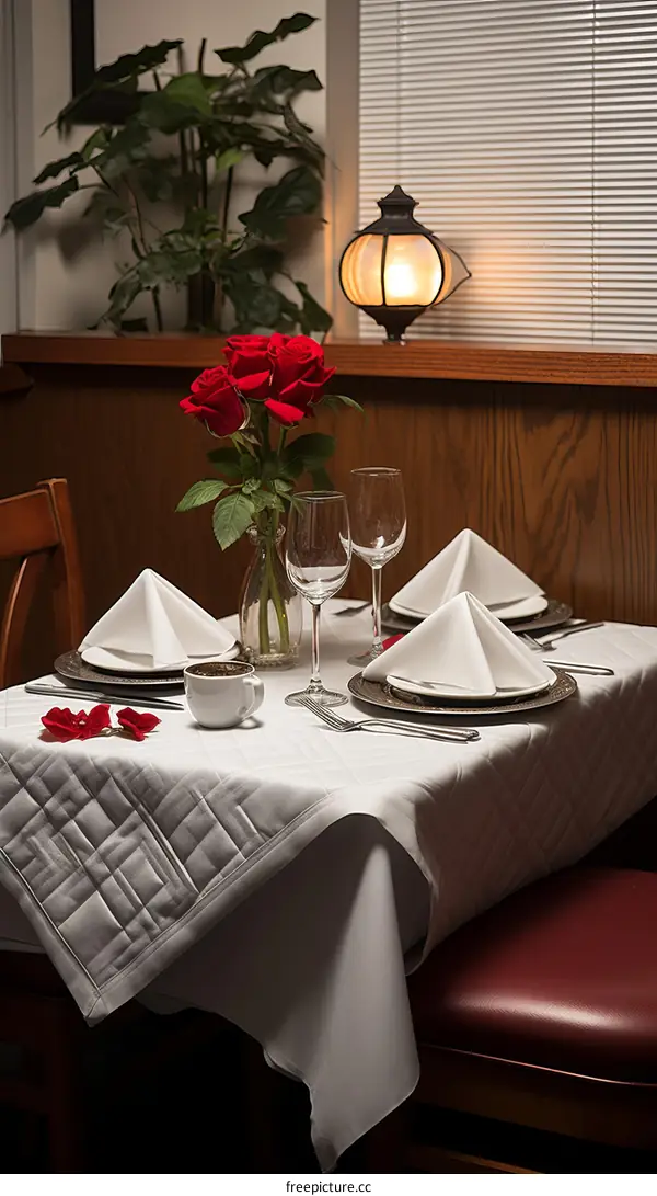 A romantic dinner table with red roses and candles