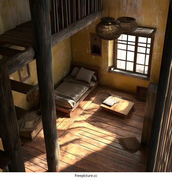 Rustic Wooden Cabin Interior With Loft