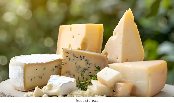Assortment of Cheeses on Wooden Board with Green Background