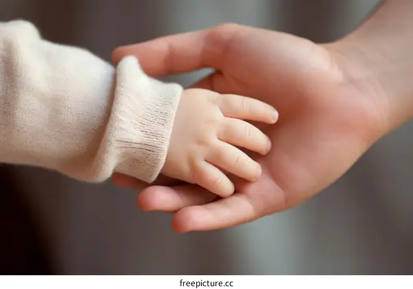 A mother is holding her baby's hand