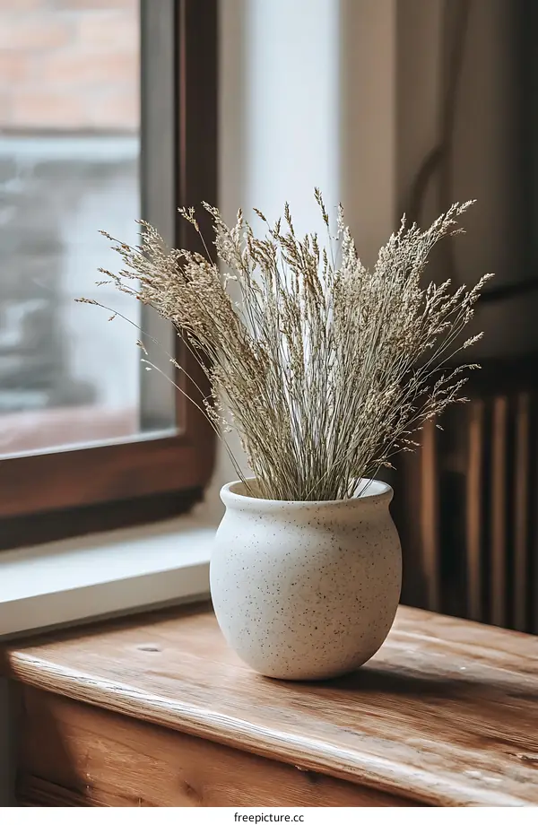 Dried Grass in a White Speckled Ceramic Vase on a Wooden Table