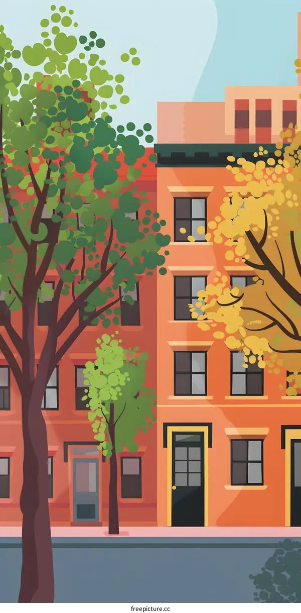 Illustration of a Colorful Cityscape with Trees and Buildings
