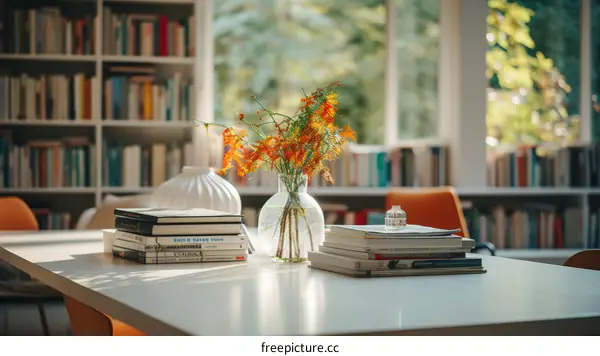 A beautiful vase of flowers sits on a table in a home library.