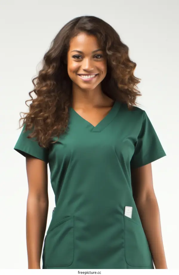 A young female healthcare professional wearing green scrubs
