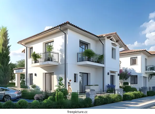 Modern White House with Balcony and Garden