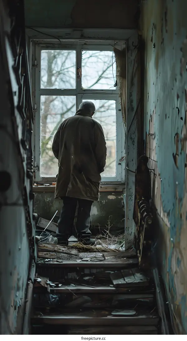 A man standing in a ruined building, looking out the window