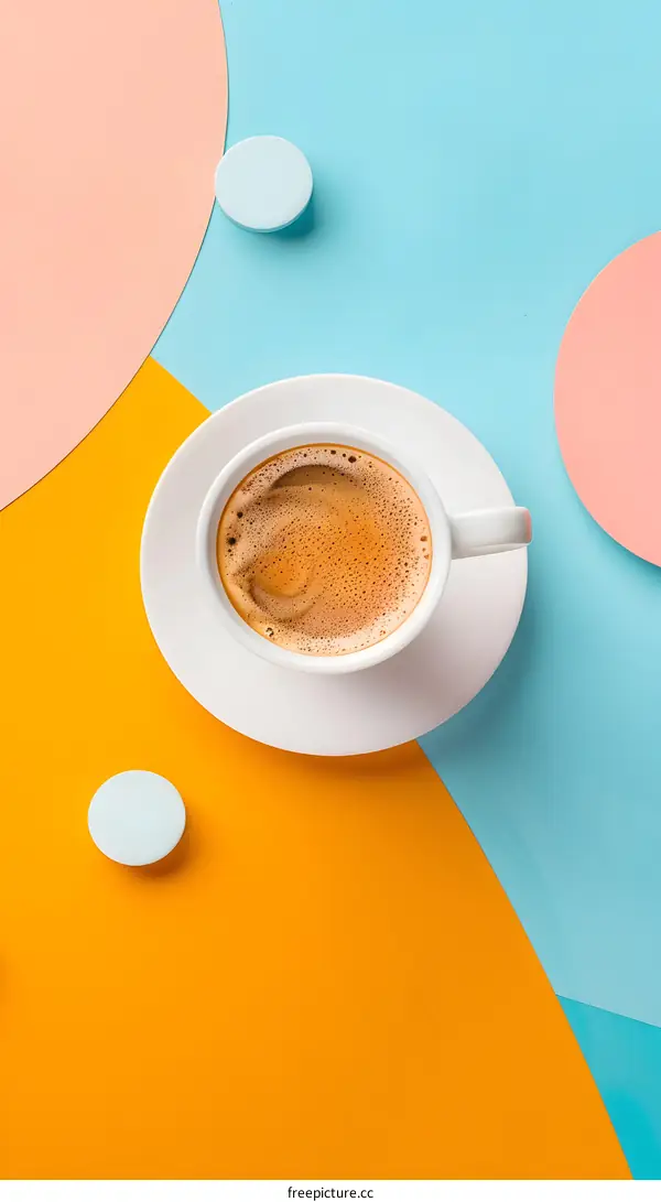 Top View of a Cup of Coffee with Foam on a Colorful Abstract Background
