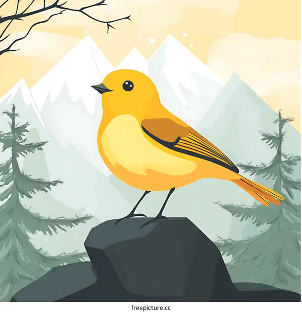 Yellow Bird Perched on a Rock with Mountain Background