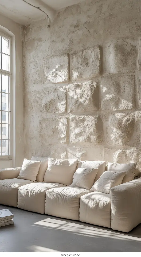 Modern Beige Sectional Sofa in a Light Stone Wall Living Room