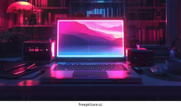A retro style image of a laptop on a desk