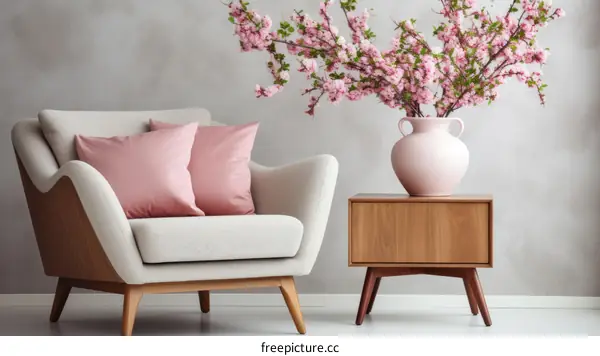 A Stylish Living Room with a Plush Armchair and a Vase of Pink Blossoms