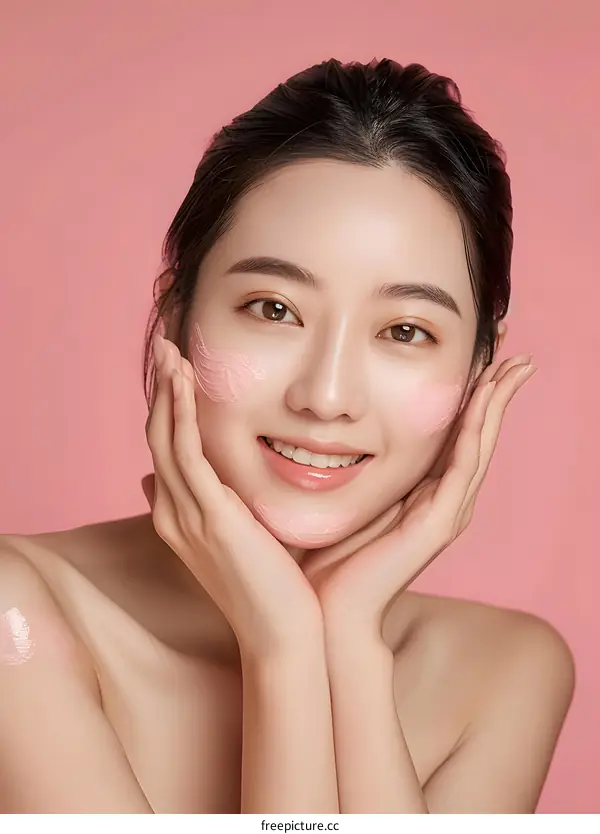 Smiling Woman with Pink Moisturizer on Face