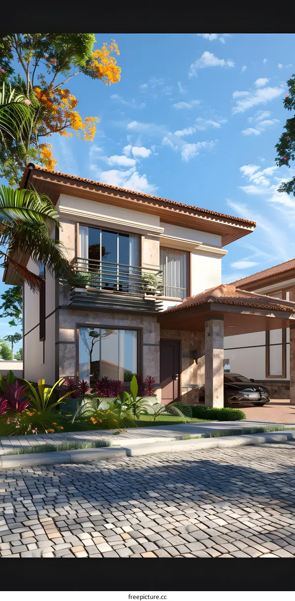 Modern Luxury House With Cobblestone Driveway and Lush Greenery