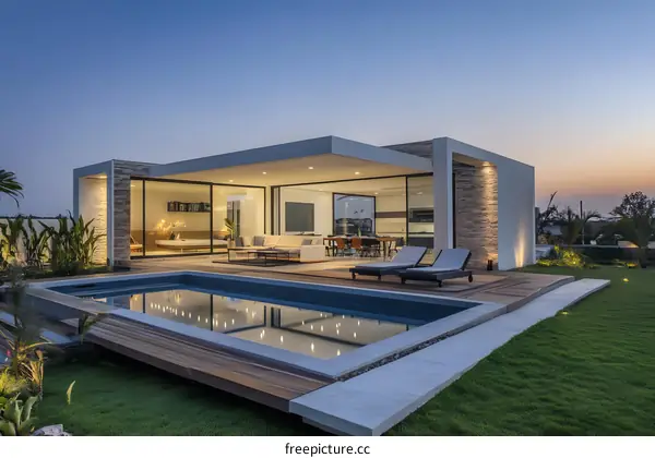 Modern House with Swimming Pool and  Landscaped Garden at Dusk