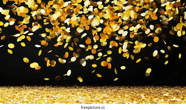 Golden Confetti Falling on Black Background