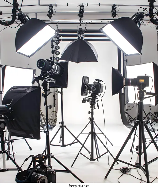 Studio Photography Setup With Lighting Equipment and Cameras