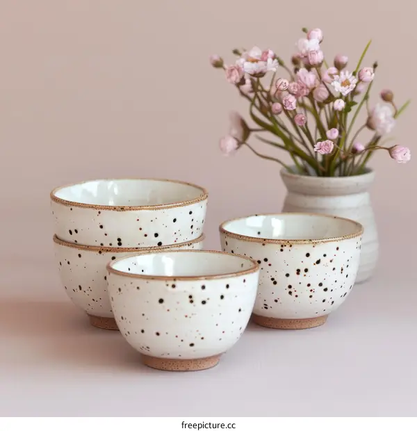 Four speckled ceramic bowls with pink flowers in a vase
