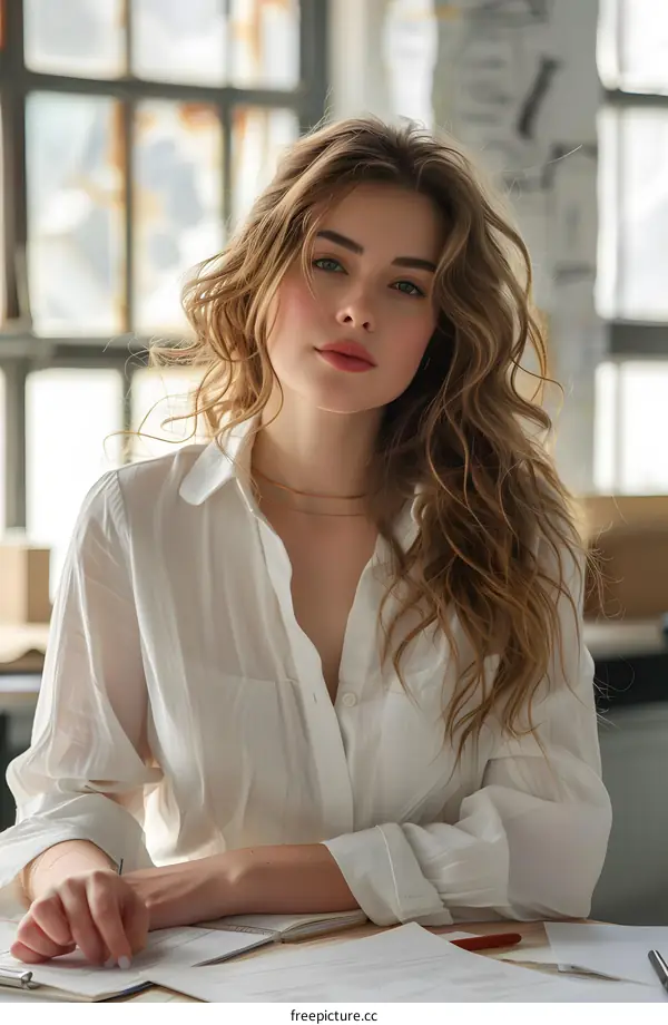 Portrait of a beautiful young woman with long brown hair wearing a white shirt