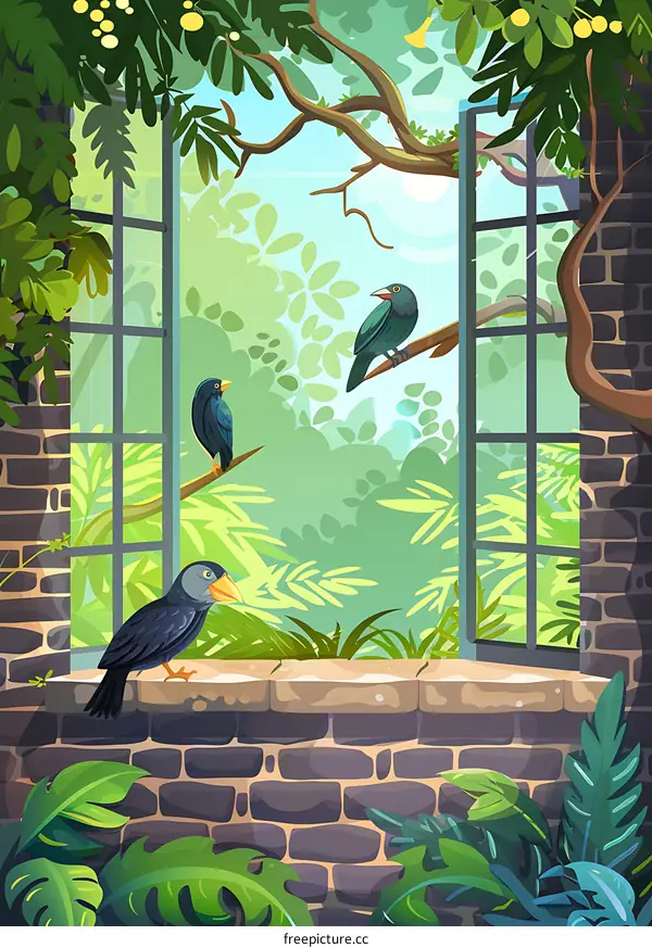 Window View of a Tropical Forest with Birds