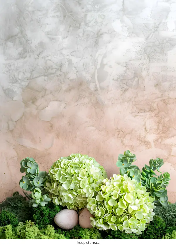 Green Hydrangea Flowers and Moss Against a Textured Wall Background