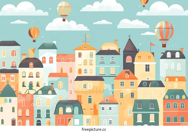 Colorful Cartoon Cityscape With Hot Air Balloons