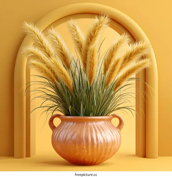 Minimalist 3D Render of Potted Grass With Yellow Background