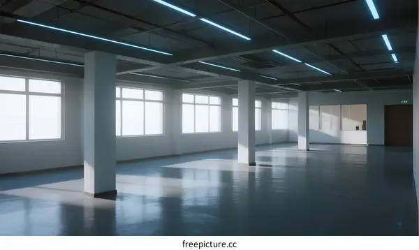 Large empty office space with bright windows and white pillars