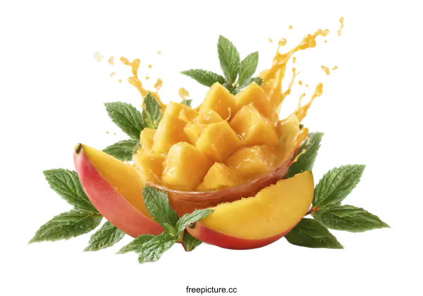 [Transparent Background PNG]Fresh Mango Slices with Juice Splash