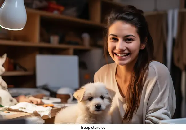 Portrait of a young woman smiling with a puppy
