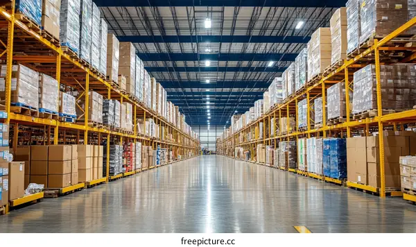 Large Warehouse Interior with Stacked Boxes