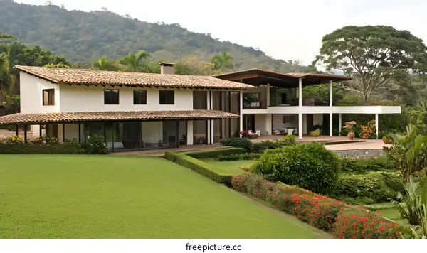 Modern White House with Brown Tile Roof and Lush Green Lawn