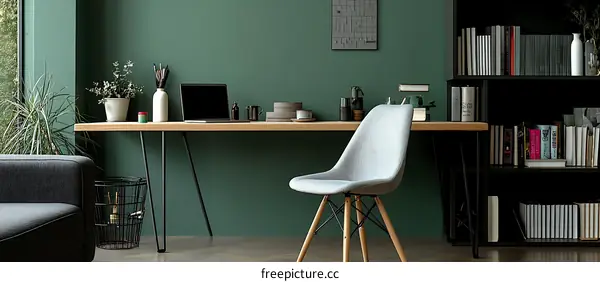 Modern Home Office Workspace with Dark Green Walls