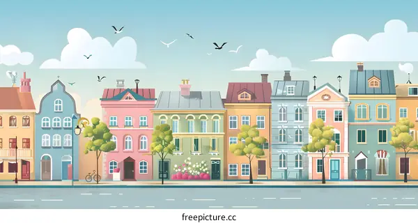 Colorful European City Street Illustration