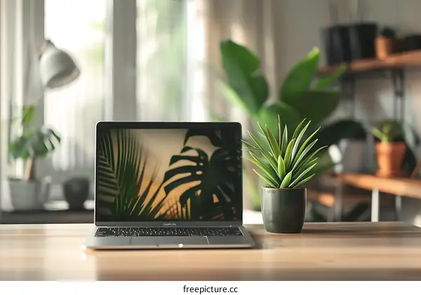 Laptop on Wooden Desk with Green Plants