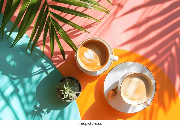 Two Cups of Coffee with Palm Leaves and Succulent Plant